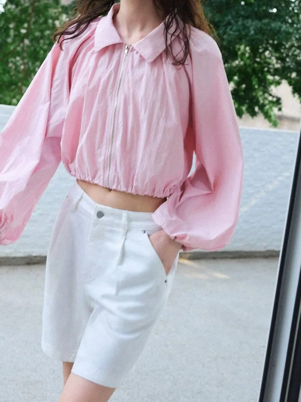Pink Casual Women's Zip-Up Pleated Versatile Lightweight Jacket